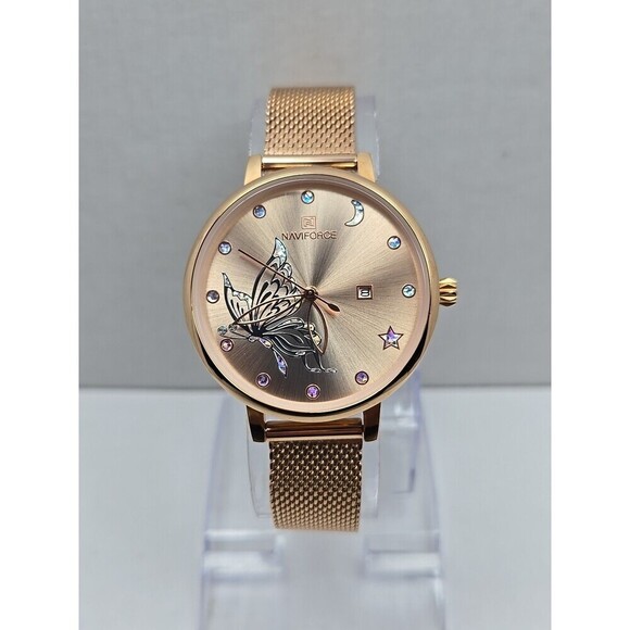 Naviforce NF5011L Rose Gold Butterfly Mesh Quartz Date Watch Womens New Battery - Picture 1 of 9